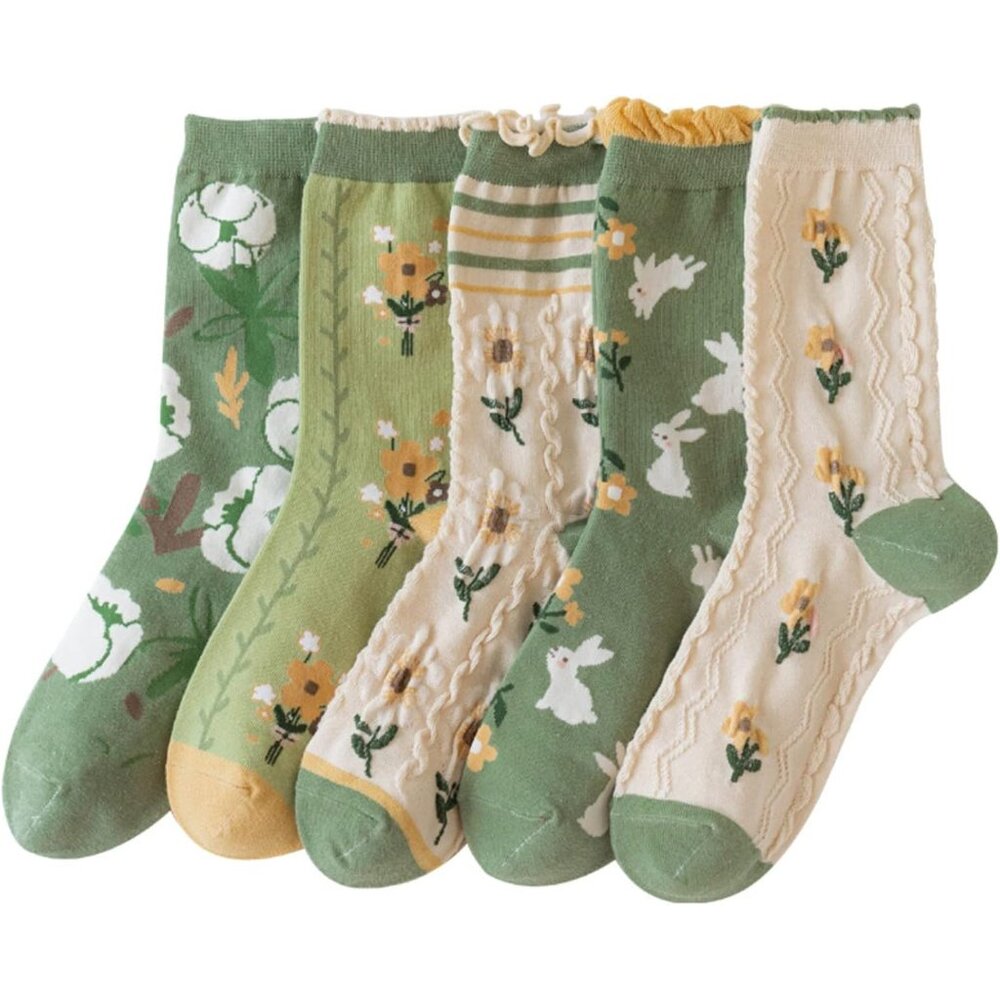 Cute Floral Crew Socks for Women Teen Girls Flower Cottagecore Frilly Vintage Fa